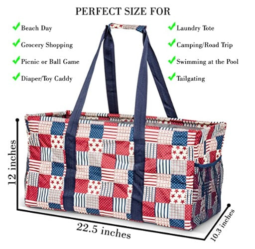 Pursetti Large Utility Tote Bag with Handles 2 Zippered Coolers Heavy Duty Fabric - Beach Picnic Basket Collapsible Grocery Cart Insulated Lunch Bag F