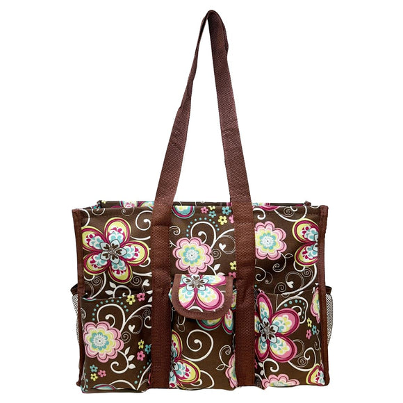 Utility Tote Bag with Zipper Top - Large Multipurpose Tote Organizer Bag - Brown Daisy
