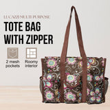 Utility Tote Bag with Zipper Top - Large Multipurpose Tote Organizer Bag - Brown Daisy
