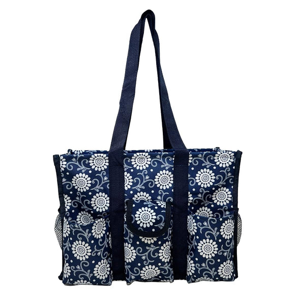 Utility Tote Bag with Zipper Top - Large Multipurpose Tote Organizer Bag - Navy Sunflower
