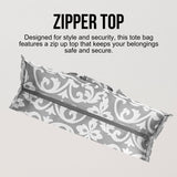 Utility Tote Bag with Zipper Top - Large Multipurpose Tote Organizer Bag - Damask Gray
