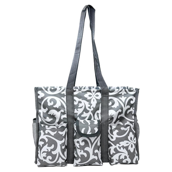 Utility Tote Bag with Zipper Top - Large Multipurpose Tote Organizer Bag - Damask Gray
