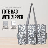 Utility Tote Bag with Zipper Top - Large Multipurpose Tote Organizer Bag - Damask Gray