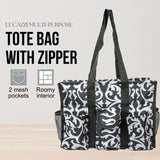 Utility Tote Bag with Zipper Top - Large Multipurpose Tote Organizer Bag - Damask Black