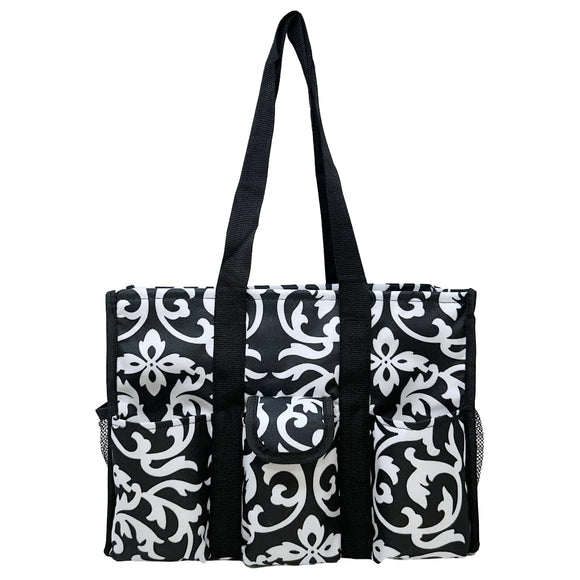 Utility Tote Bag with Zipper Top - Large Multipurpose Tote Organizer Bag - Damask Black
