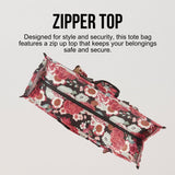 Utility Tote Bag with Zipper Top - Large Multipurpose Tote Organizer Bag - Red Floral