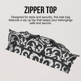 Utility Tote Bag with Zipper Top - Large Multipurpose Tote Organizer Bag - Damask Black