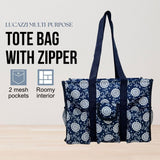 Utility Tote Bag with Zipper Top - Large Multipurpose Tote Organizer Bag - Navy Sunflower