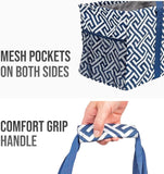 Large Utility Tote Bag - Oversized Collapsible Tote with Wire Frame - Includes 5x7 Bag with Hook - Geo Navy