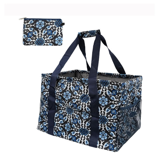 Large Utility Tote Bag - Oversized Collapsible Tote with Wire Frame - Includes 5x7 Bag with Hook - Blue Snowflake
