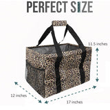 Large Utility Tote Bag - Oversized Collapsible Tote with Wire Frame - Includes 5x7 Bag with Hook - Leopard