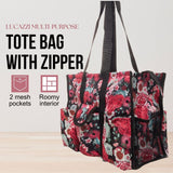 Utility Tote Bag with Zipper Top - Large Multipurpose Tote Organizer Bag - Red Floral
