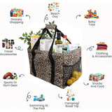 Large Utility Tote Bag - Oversized Collapsible Tote with Wire Frame - Includes 5x7 Bag with Hook - Leopard