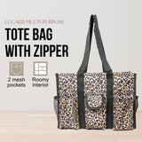Utility Tote Bag with Zipper Top - Large Multipurpose Tote Organizer Bag - Leopard