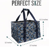 Large Utility Tote Bag - Oversized Collapsible Tote with Wire Frame - Includes 5x7 Bag with Hook - Navy Floral