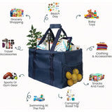 Large Utility Tote Bag - Oversized Collapsible Tote with Wire Frame - Includes 5x7 Bag with Hook - Navy Blue