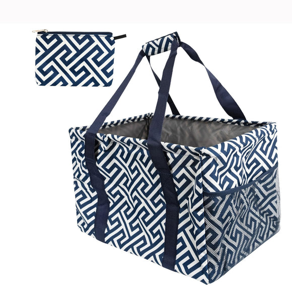 Large Utility Tote Bag - Oversized Collapsible Tote with Wire Frame - Includes 5x7 Bag with Hook - Geo Navy