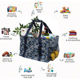 Large Utility Tote Bag - Oversized Collapsible Tote with Wire Frame - Includes 5x7 Bag with Hook - Navy Floral