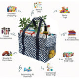 Large Utility Tote Bag - Oversized Collapsible Tote with Wire Frame - Includes 5x7 Bag with Hook - Geo Navy