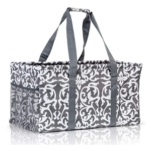 Extra Large Utility Tote Bag - Oversized Collapsible Pool Beach Canvas Basket - Damask Gray