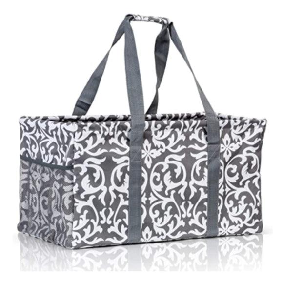 Extra Large Utility Tote Bag - Oversized Collapsible Pool Beach Canvas Basket - Damask Gray