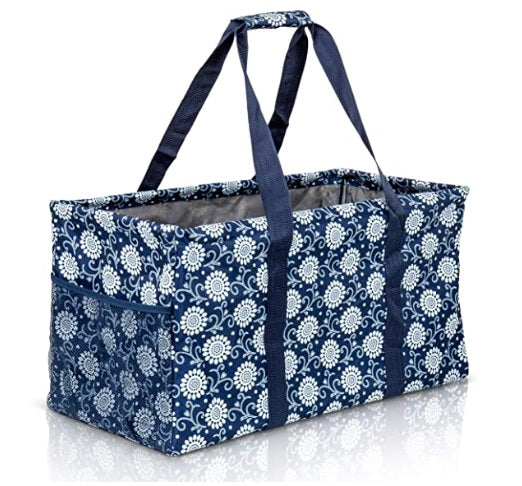 Extra Large Utility Tote Bag - Oversized Collapsible Pool Beach Canvas Basket - Navy Sunflower