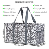 Extra Large Utility Tote Bag - Oversized Collapsible Pool Beach Canvas Basket - Damask Gray