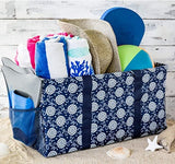 Extra Large Utility Tote Bag - Oversized Collapsible Pool Beach Canvas Basket - Navy Sunflower