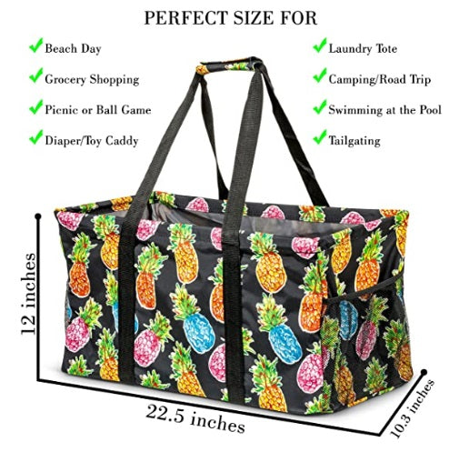 Pursetti Large Utility Tote Bag with Handles, 2 Zippered Coolers, Heavy Duty Fabric - Beach Picnic Basket, Collapsible Grocery Cart, Insulated Lunch