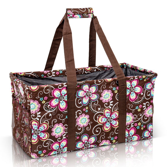 Extra Large Utility Tote Bag - Oversized Collapsible Pool Beach Canvas Basket - Brown Daisy
