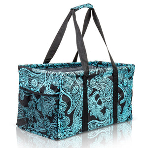 Extra Large Utility Tote Bag - Oversized Collapsible Pool Beach Canvas Basket - Paisley Blue