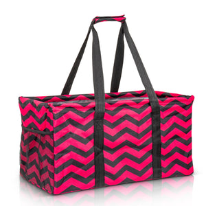 Extra Large Utility Tote Bag - Oversized Collapsible Pool Beach Canvas Basket - Chevron Black Magenta