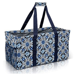 Extra Large Utility Tote Bag - Oversized Collapsible Pool Beach Canvas Basket - Blue Snowflake