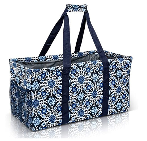Extra Large Utility Tote Bag - Oversized Collapsible Pool Beach Canvas Basket - Blue Snowflake